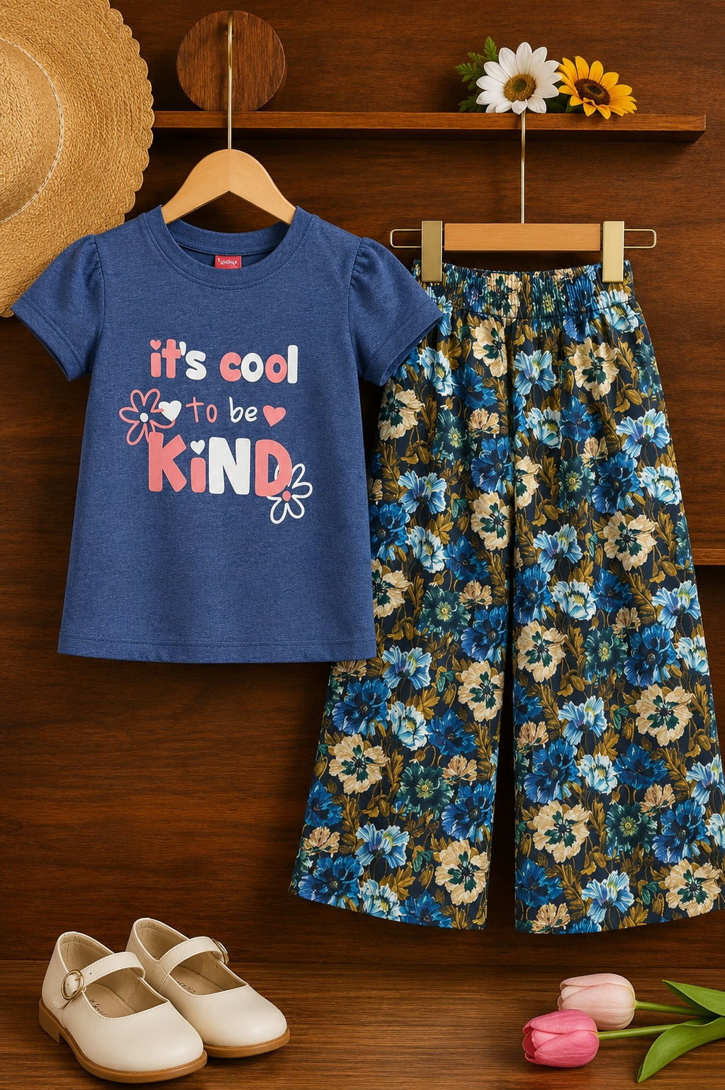 [Its Cool To Be Kind ] Printed Light Navy T-shirt & Cotton Flapper