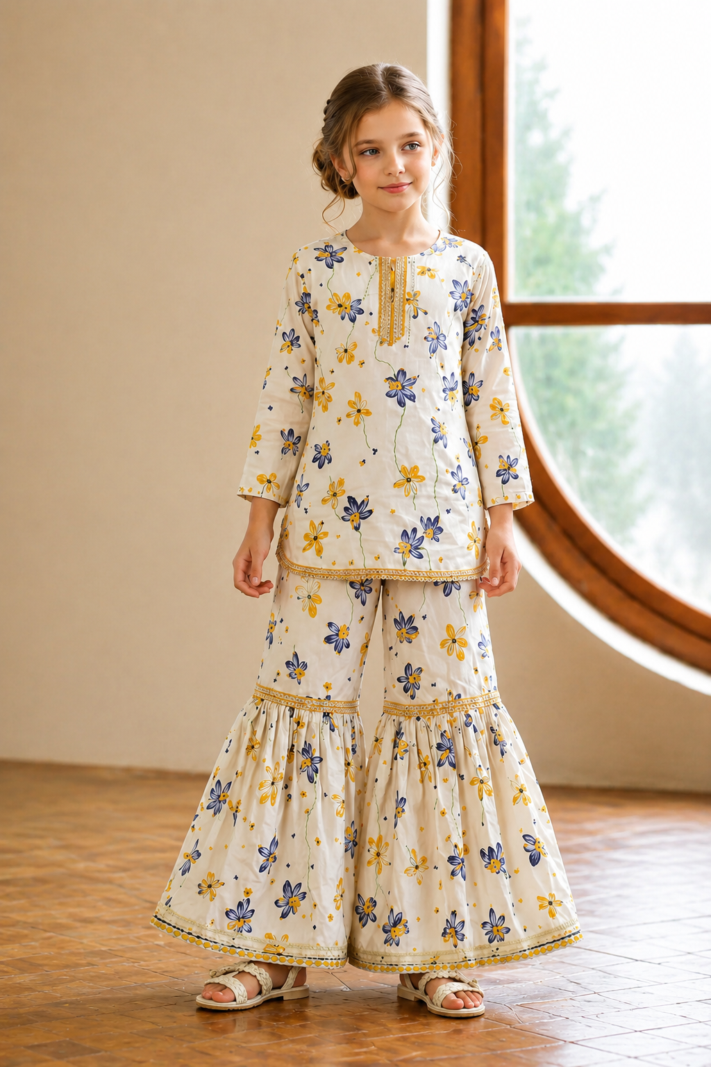 Yellow & Purple Flowers Printed White   Garara Suit-Cotton 511