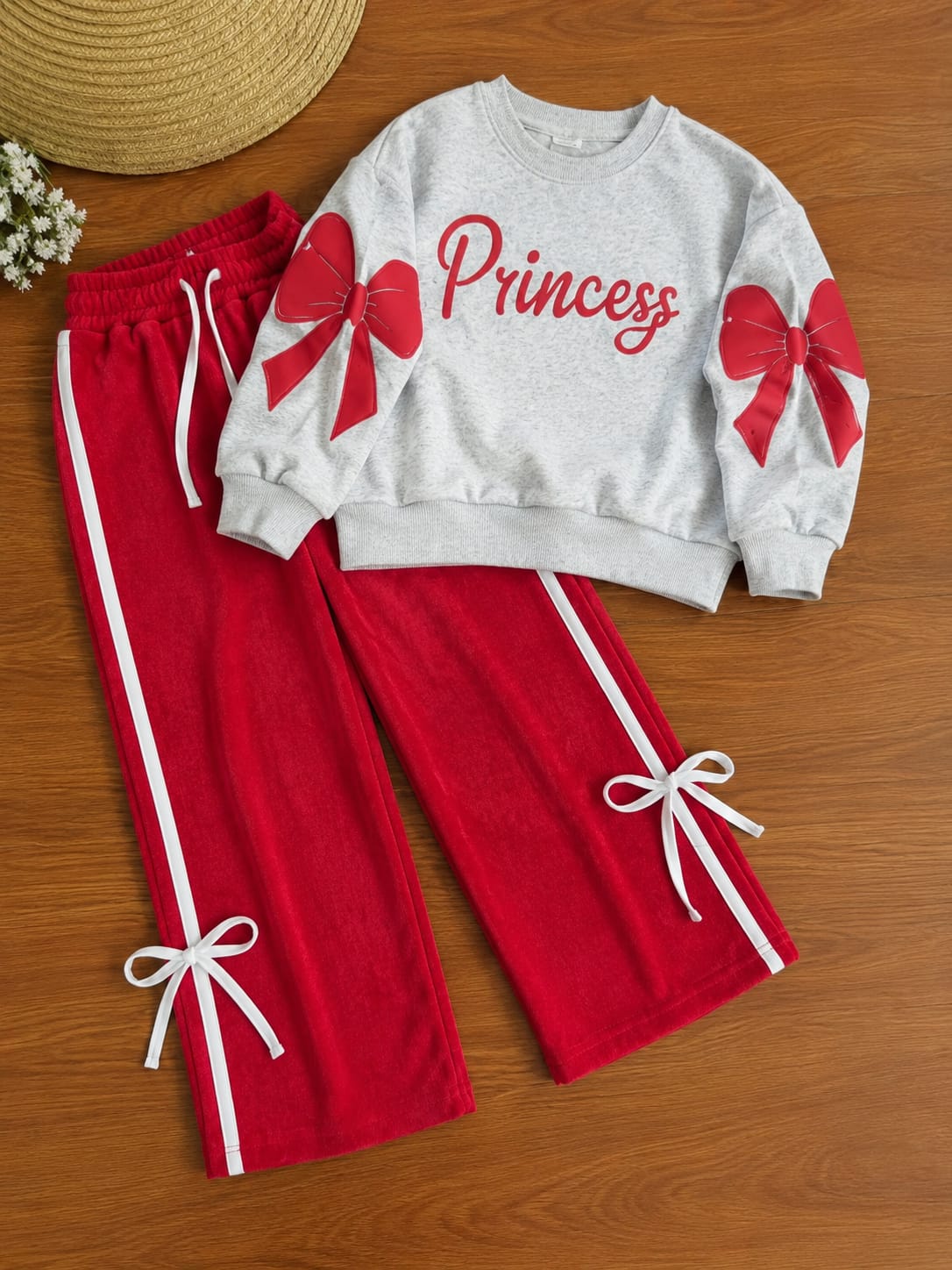 [Princess ] Printed Red & Grey  Fleece T-Shirt & Trouser