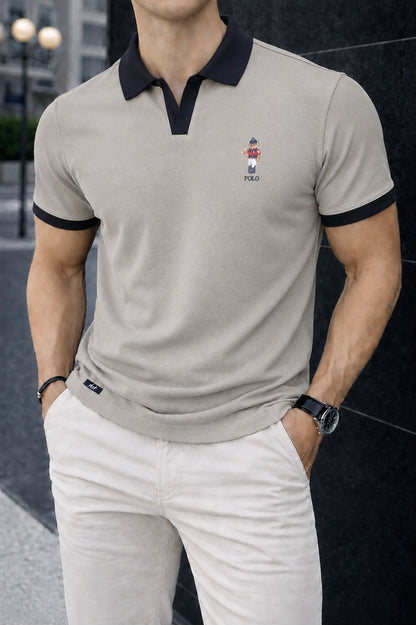 Men’s Johnny Collar Mini Polo Rider Printed  Cream Pique V-Neck Polo Shirt 547+546