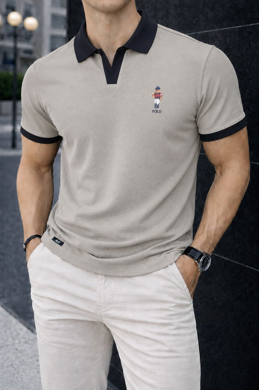 Men’s Johnny Collar Mini Polo Rider Printed  Cream Pique V-Neck Polo Shirt 547+546
