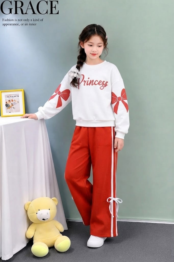 [Princess ] Printed White & Orange Fleece Tracksuit