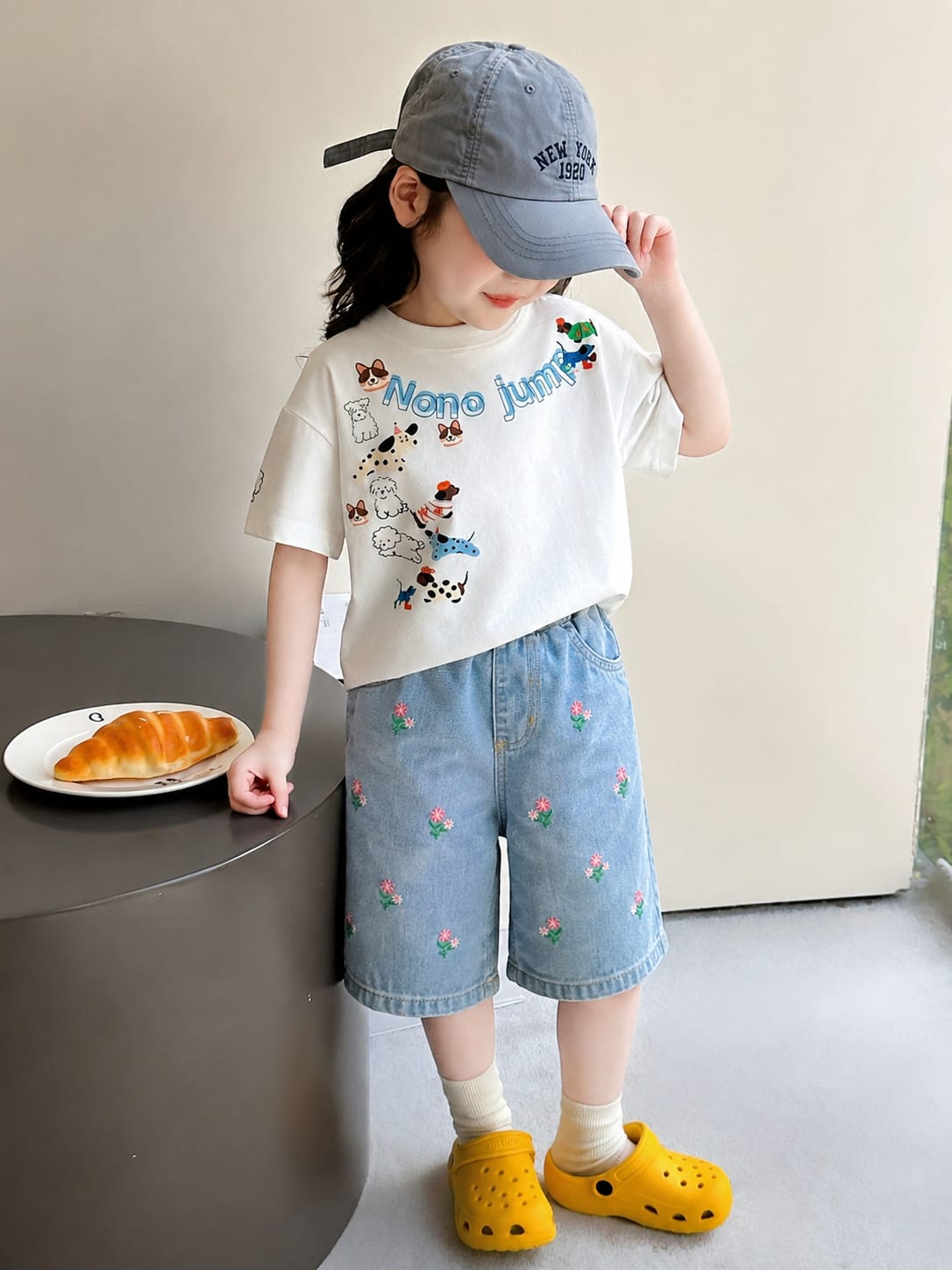 All Over Embroidery Light Blue Girls Short