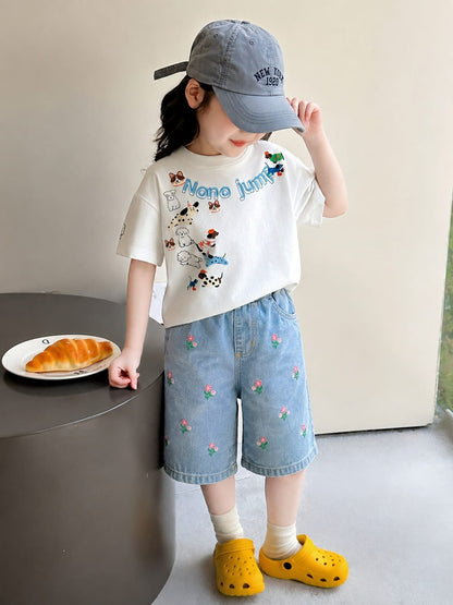 All Over Embroidery Light Blue Girls Short
