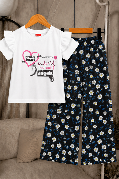 Heart Printed White  T-shirt & Cotton Flapper 703
