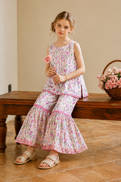 Purple Floral Allover Printed  white  Cotton Garara Suit 511