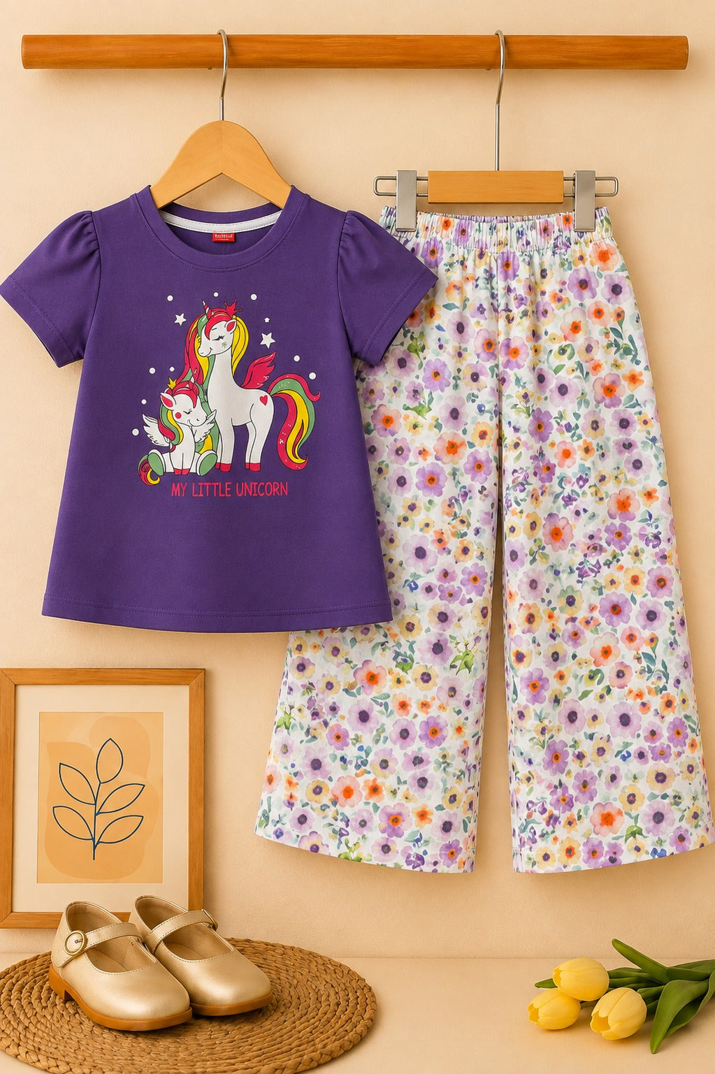 Unicorn Printed Purple Girls T-shirt & Cotton Flapper