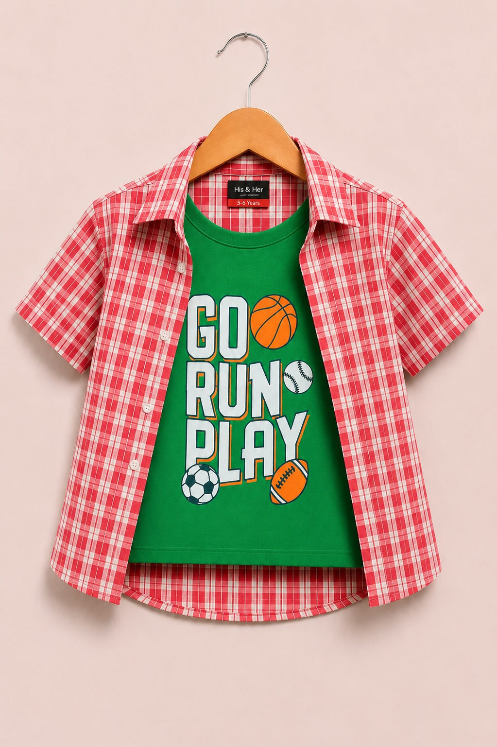 [Go Run Play ] Printed Pink Checked Layered Casual Shirt