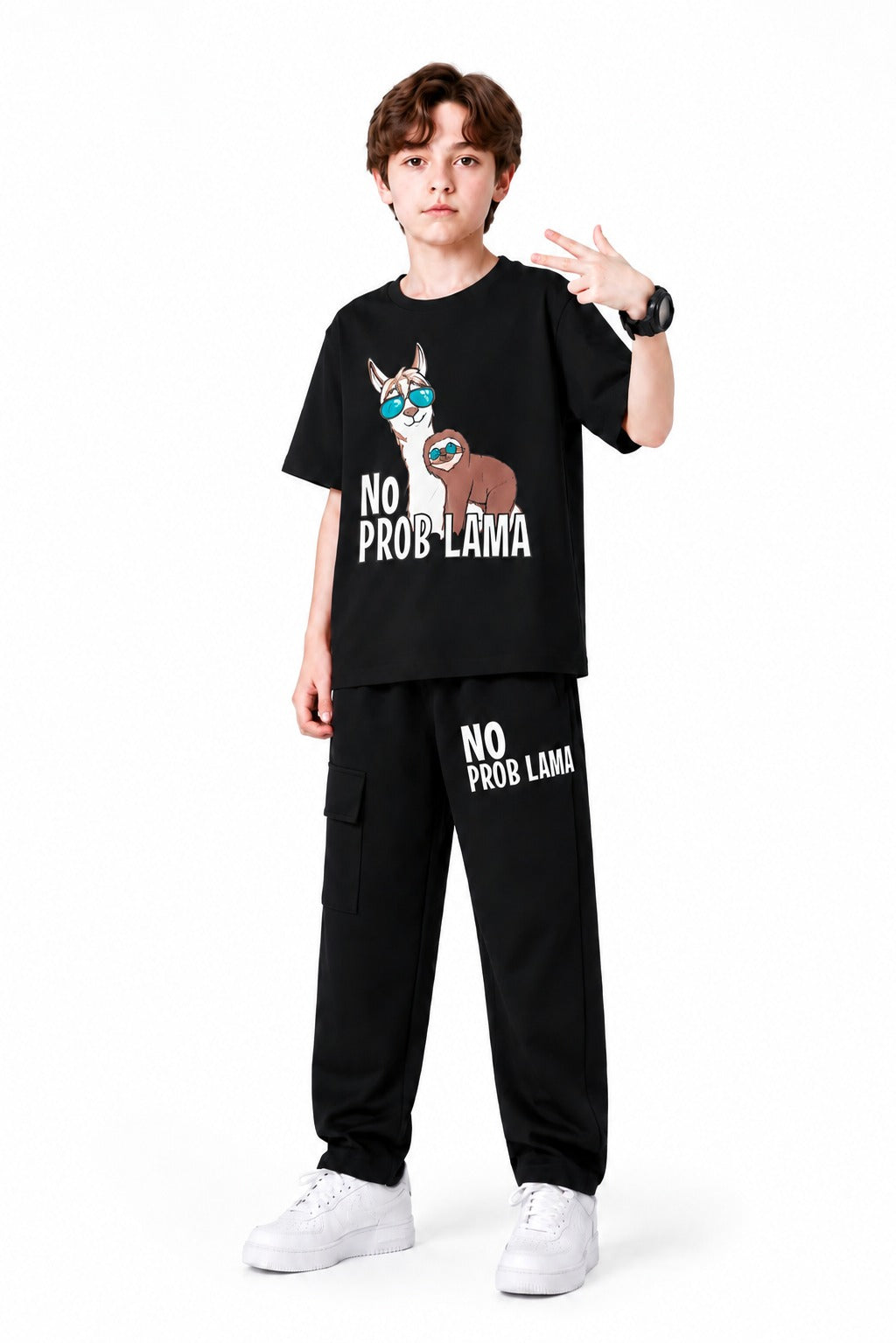 [NO Prob Lama] Printed Black Boys T-Shirt & Trouser 508