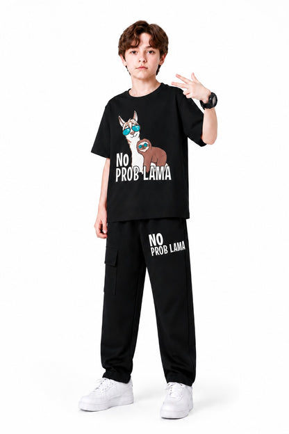 [NO Prob Lama] Printed Black Boys T-Shirt & Trouser 508