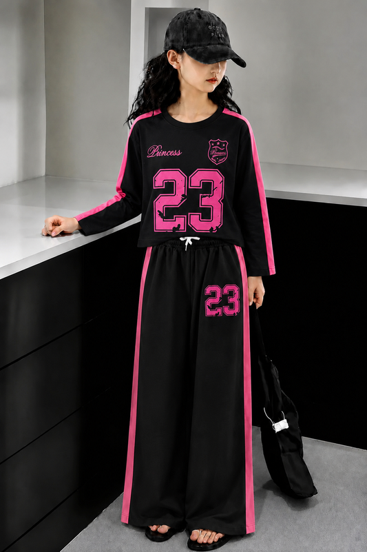 [Princess 23]  Printed Black Terry  Full Selves Girls  Baggy Track Suit
