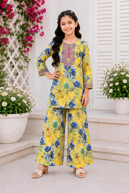 Rose Bloom Necline  Embroidered  Yellow & Navy Girls’ Soft Lawn Suit 419