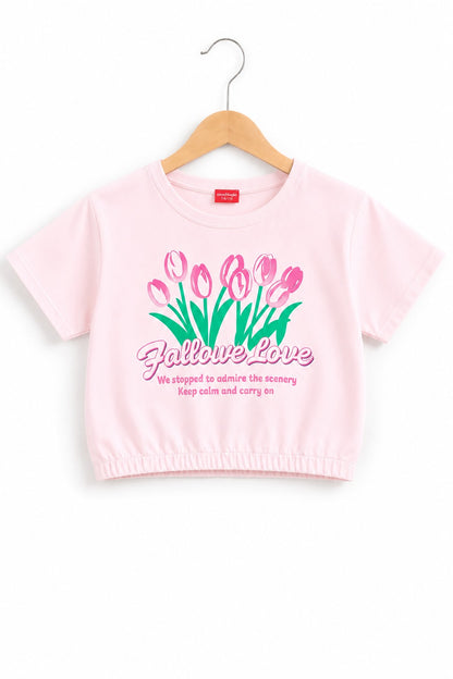 Flowers Printed Light Pink Girls T Shirt