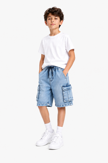 6 Pocket Cargo Denim Boys Shorts -Light Blue Color 733