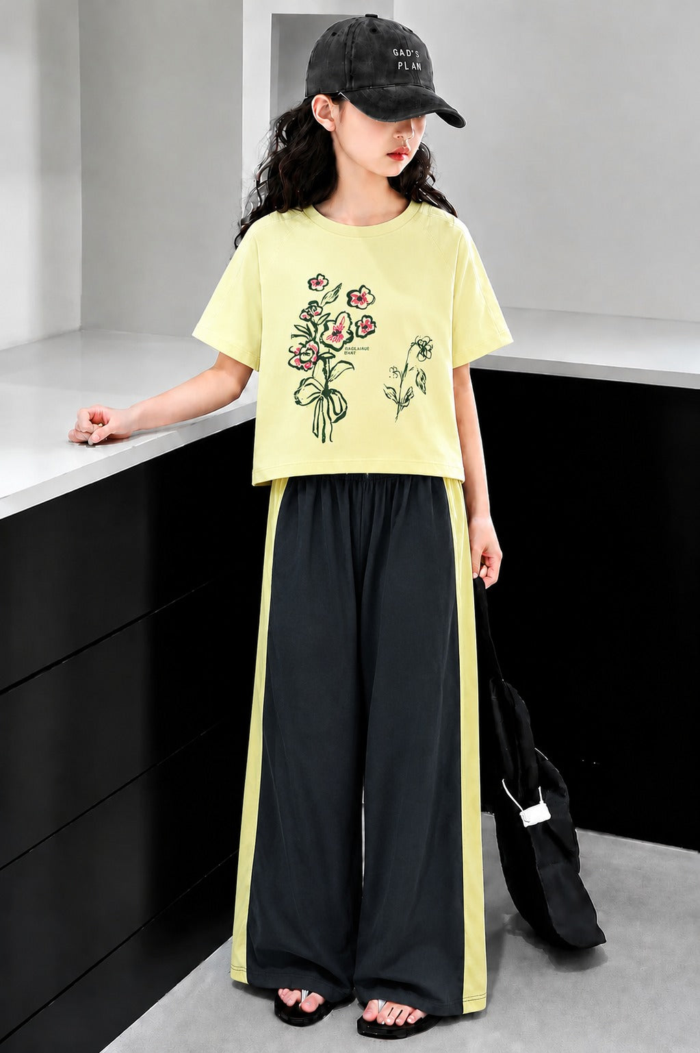 Flowers Printed Light Yellow  Half Selves Baggy Track Suit Girls