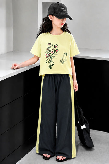 Flowers Printed Light Yellow  Half Selves Baggy Track Suit Girls