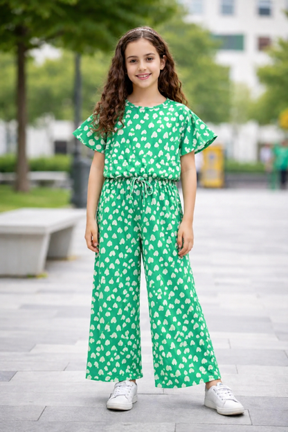 14 August White Heart Printed  Green Cotton Girls Co-Ord Set