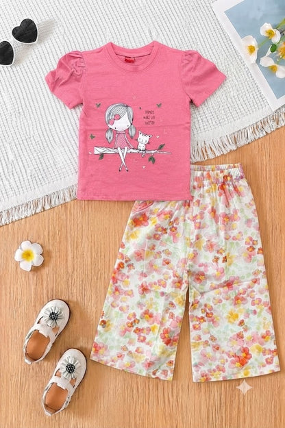 Girl with Cat Printed Light Pink Girls T-Shirt &Cotton Flapper