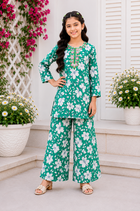 Rose Bloom Neckline Embroidered    Light Green Soft Lawn Girls’ Suit 426