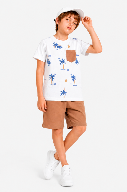 Sun Tree Printed with brown Pocket  White & Brown   T-Shirt Nicker Suit 503