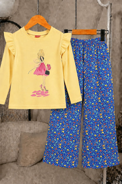 [Girl ] Printed  Yellow Girls  T-shirt & Cotton Flapper