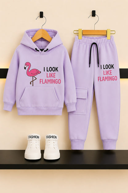 [I Look Like Flamingo] Printed Light Purple Fleece  Girls Hoodie Tracksuit  306