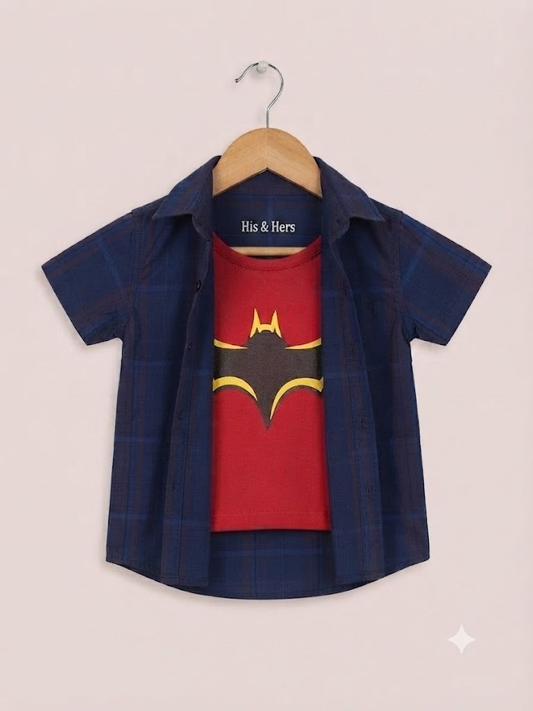 Dark Blue  Checked Bat Printed Layered Casual Shirt