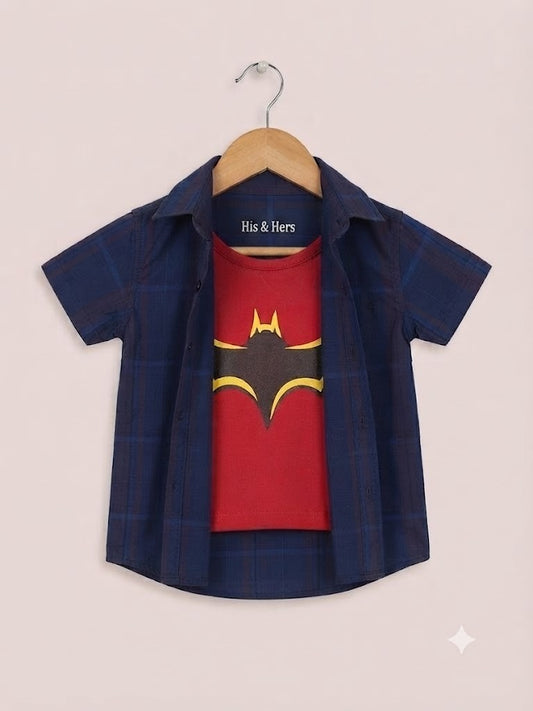 Dark Blue  Checked Bat Printed Layered Casual Shirt