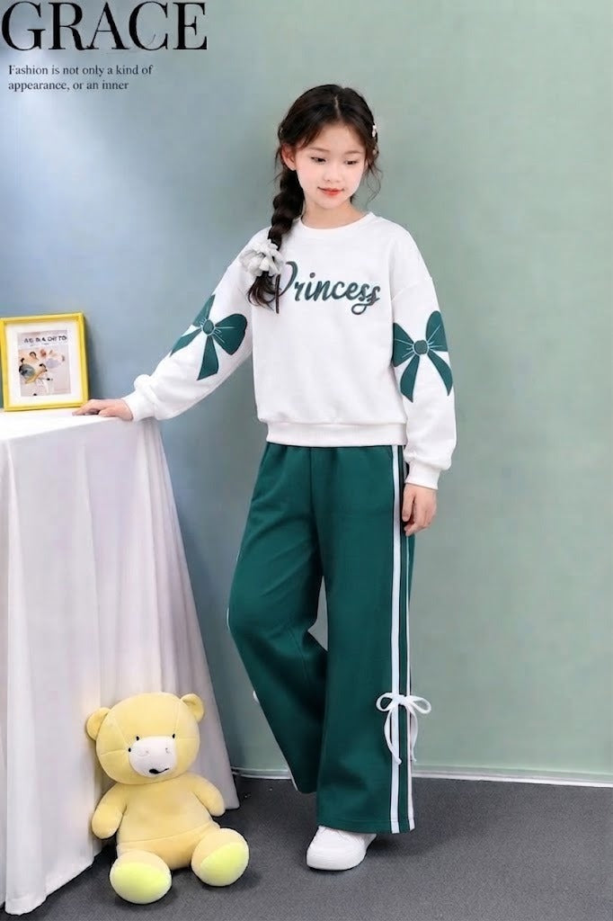 [Princess ] Printed White & Green Fleece Tracksuit