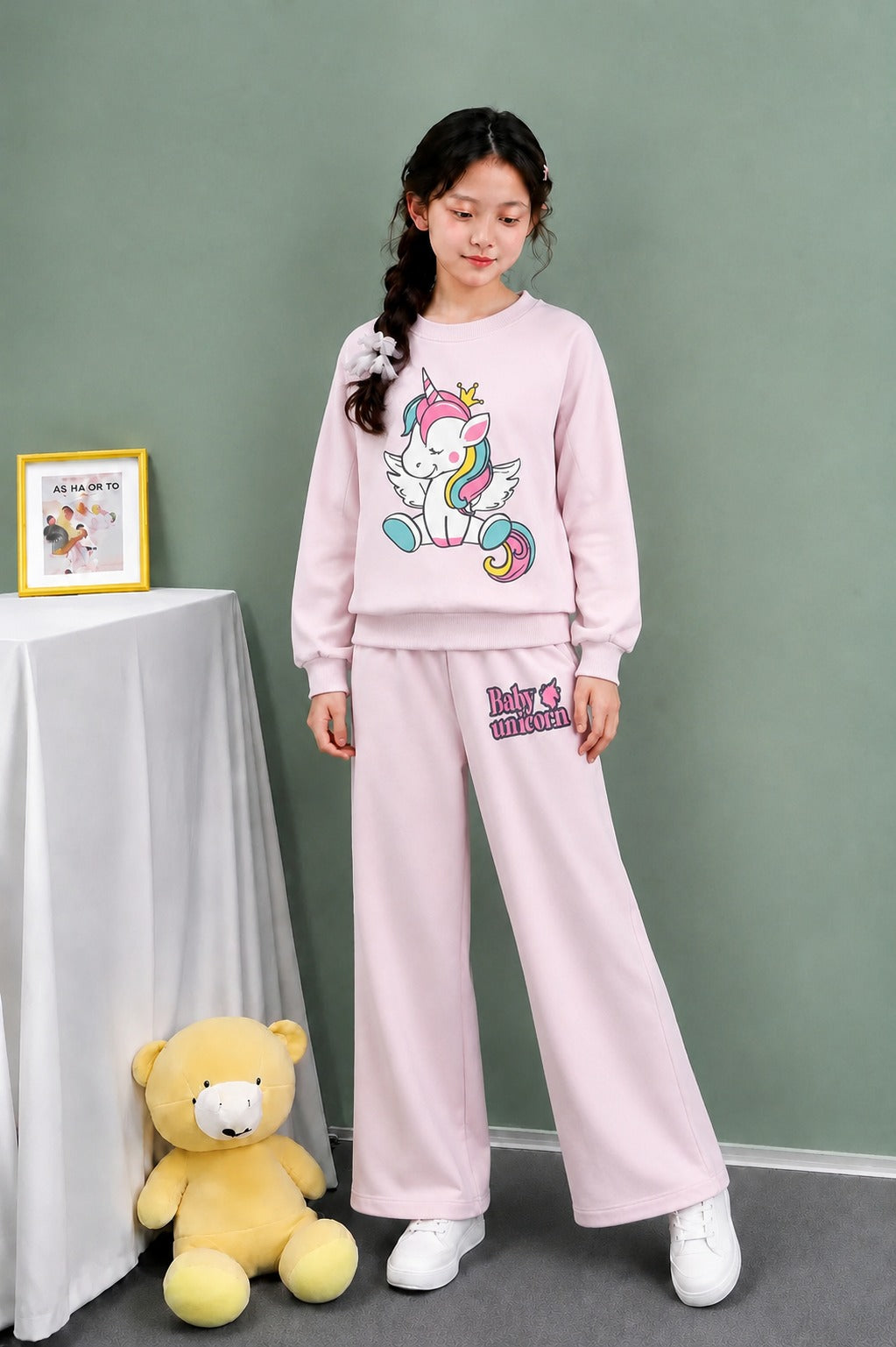 [Unicorn  ] Printed Baby  Pink  Fleece Tracksuit