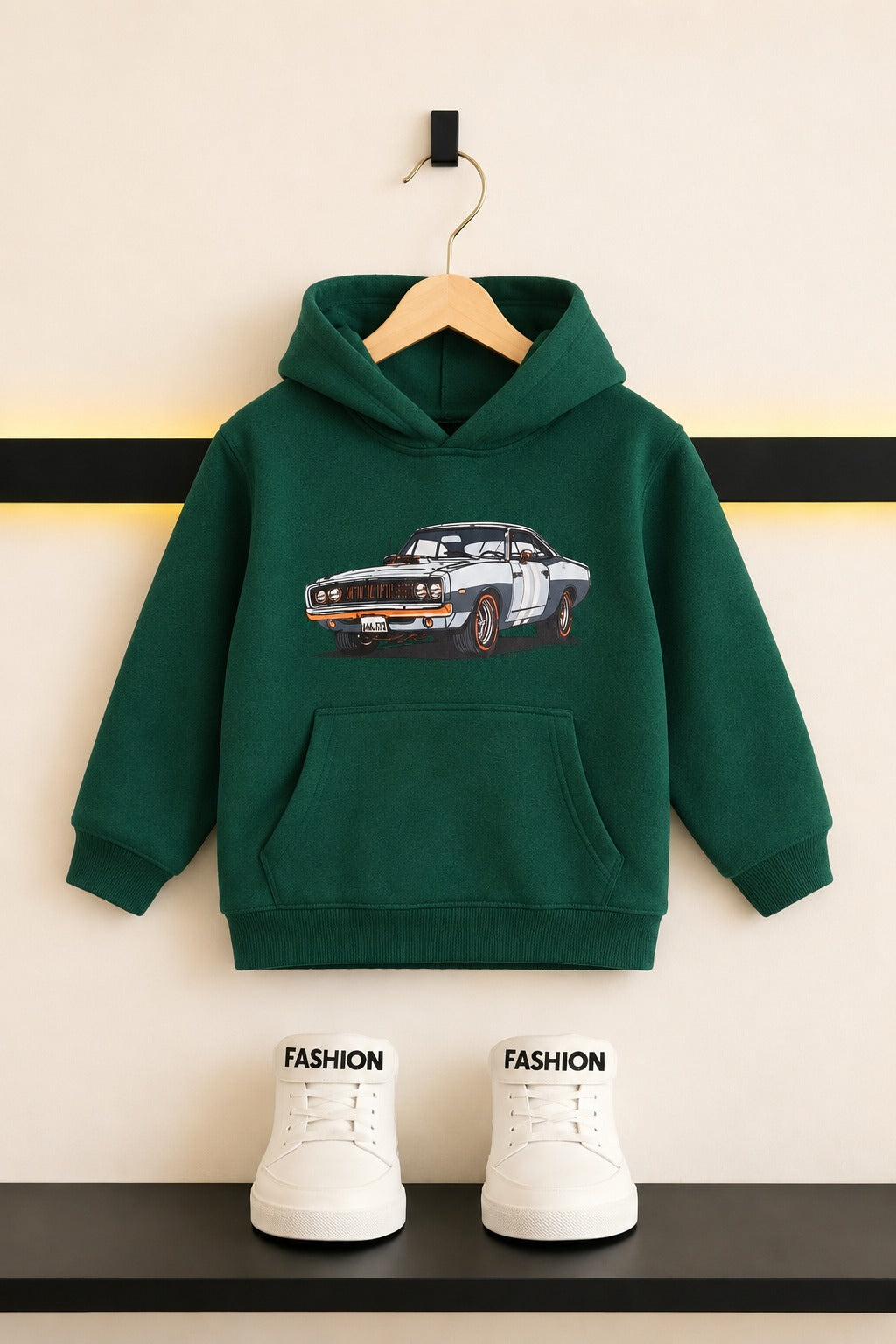 Car Printed Green Fleece Boys  Hoodie 509