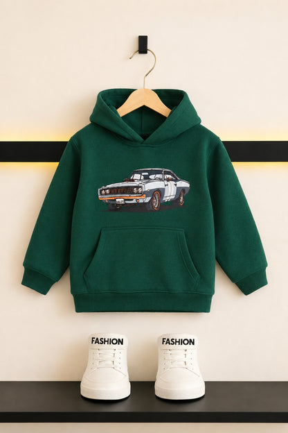 Car Printed Green Fleece Boys  Hoodie 509