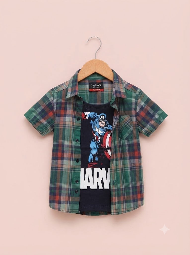 Pink & Green  Checked [Marvel  ] Printed Layered Casual Shirt