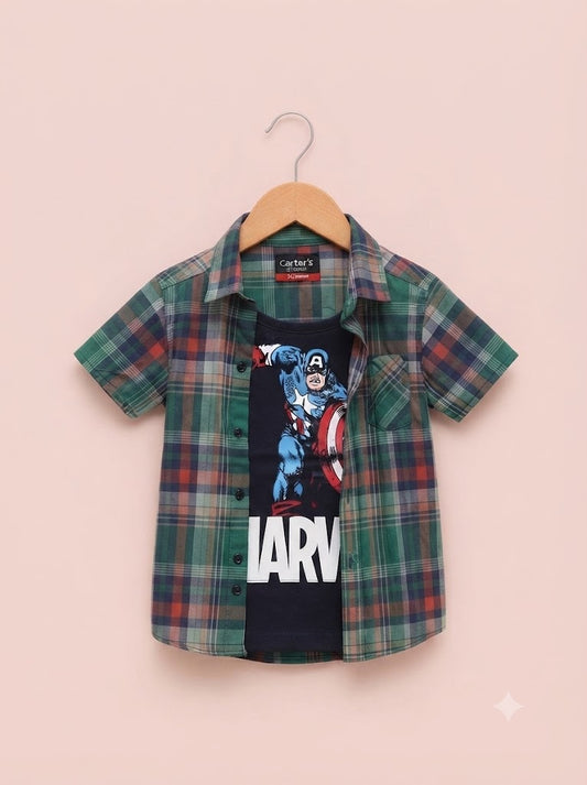 Pink & Green  Checked [Marvel  ] Printed Layered Casual Shirt 728