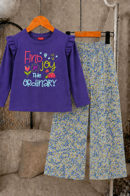 [Find Joy In The Ordinary] Printed Purple Girls T-shirt & Cotton Flapper