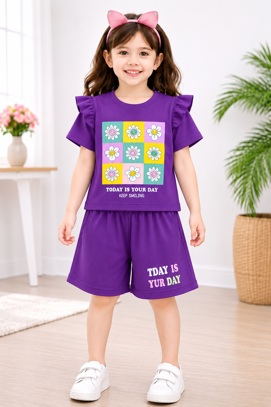 Flowers Printed Purple Girls Nicker Suit 607