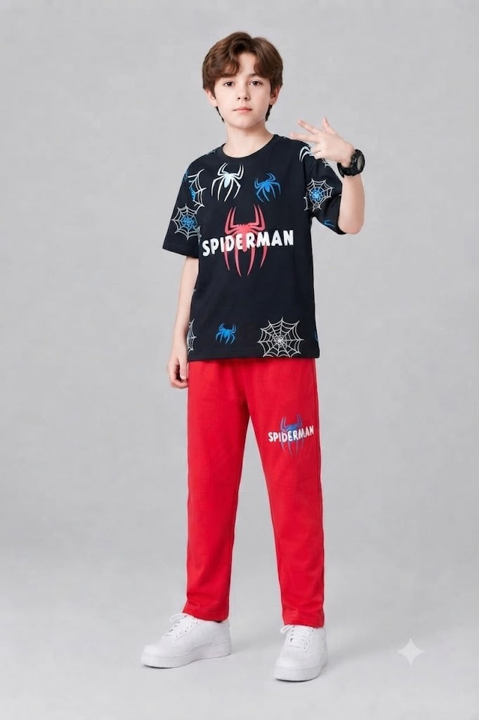 Spider Printed Black & Red   Boys T-Shirt & Trouser