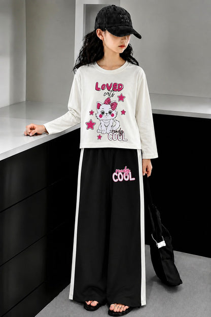 [Loved Cats ] Printed White   Full Selves Baggy Track Suit Girls