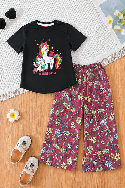 [Midnight Unicorn] Printed Black  Girls  T-shirt & Cotton Flapper