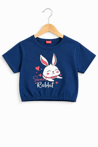 Rabbit Printed Mustard  Navy  Girls T Shirt