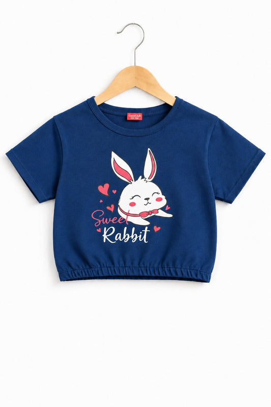 Rabbit Printed Mustard  Navy  Girls T Shirt