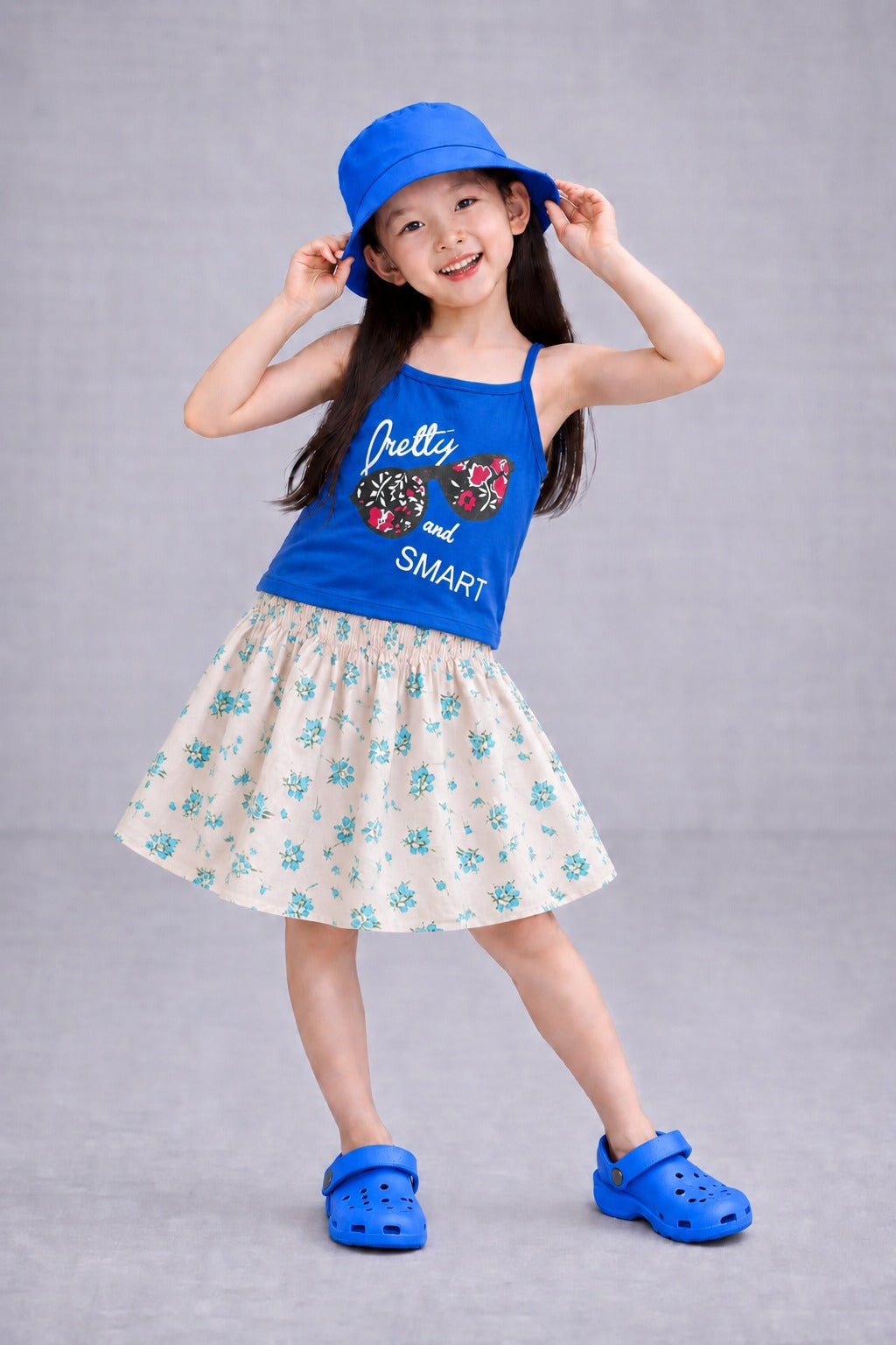 [Pretty and Smart ] Printed Royal Blue Girls Top & Skirt