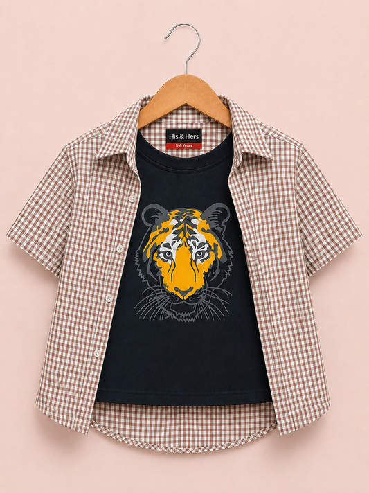 Brown Checked Tiger Printed Layered Casual Shirt 735