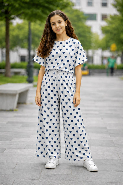 Navy Heart Printed White Printed Cotton Girls Co-Ord Set