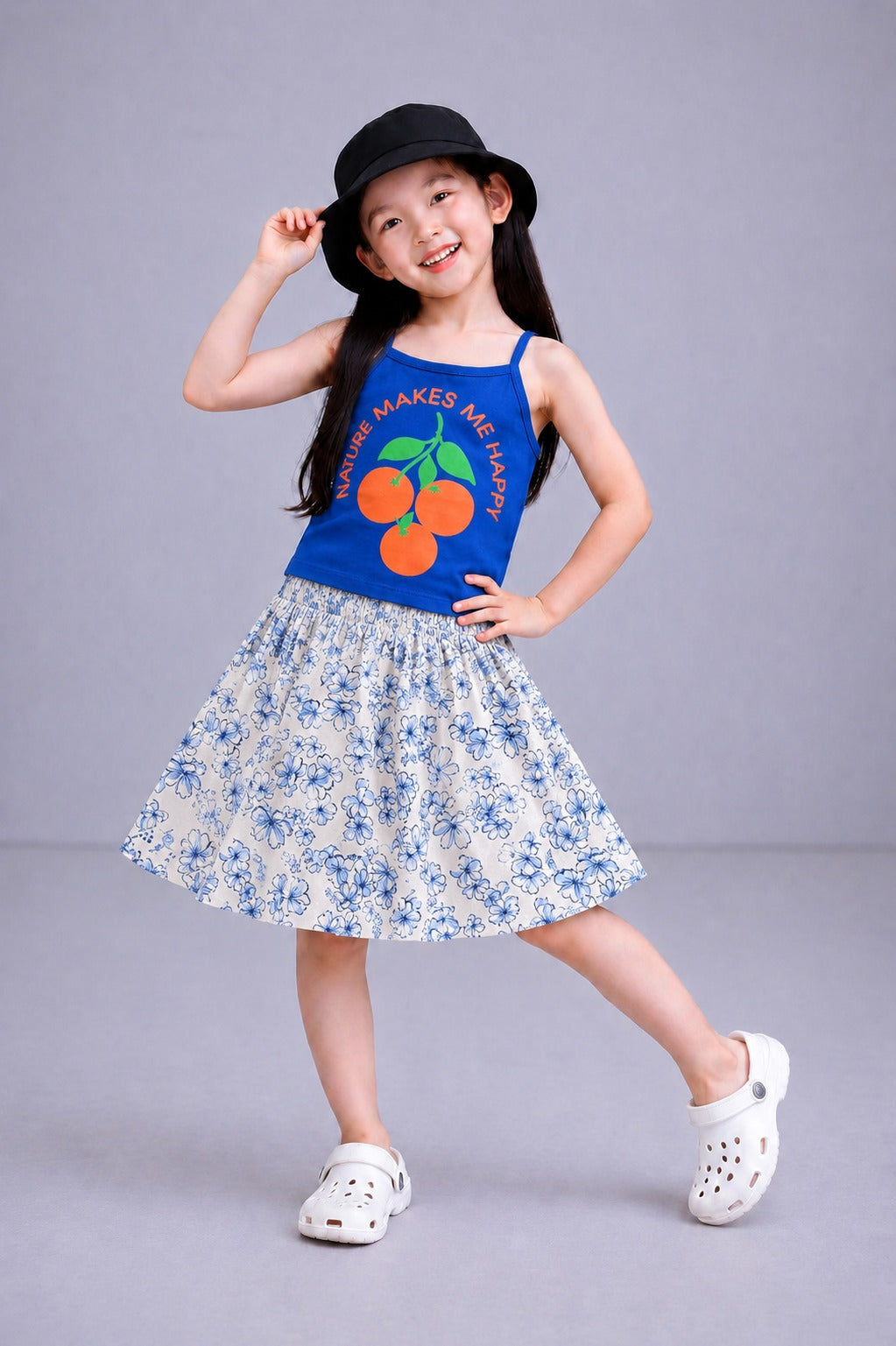 Cherrys Printed Royal Blue  Girls Top & Skirt