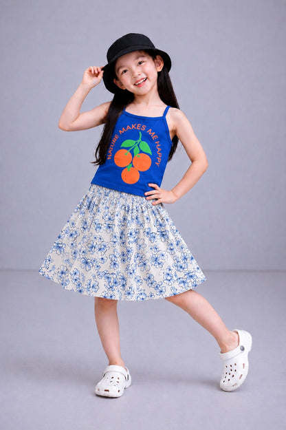 Cherrys Printed Royal Blue  Girls Top & Skirt