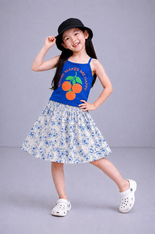 Cherrys Printed Royal Blue  Girls Top & Skirt