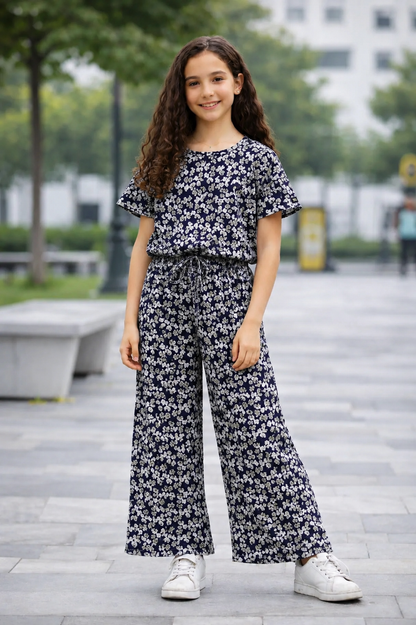 Navy Blue Floral Prints Cotton Girls Co-Ord Set 507