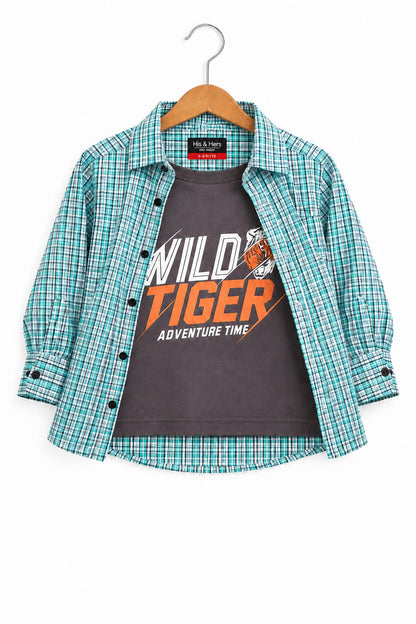 Light Green Checked [Wild Tiger ] Printed Layered Casual Shirt