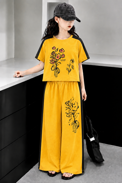 Flowers Printed Yellow  Half Selves Baggy Track Suit Girls